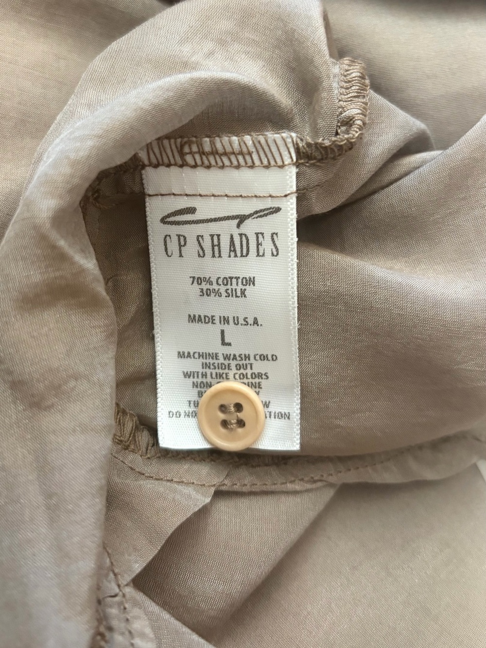 CP Shades Cotton Silk Blend Neutral Tan Button-Front Blouse Size Large - Picture 8 of 12